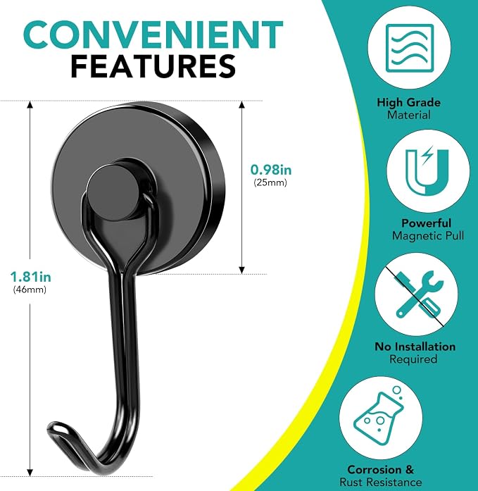 DIYMAG Black Magnetic Hooks, 80LBS Strong Magnetics Heavy Duty, Magnet Hook - Image 2
