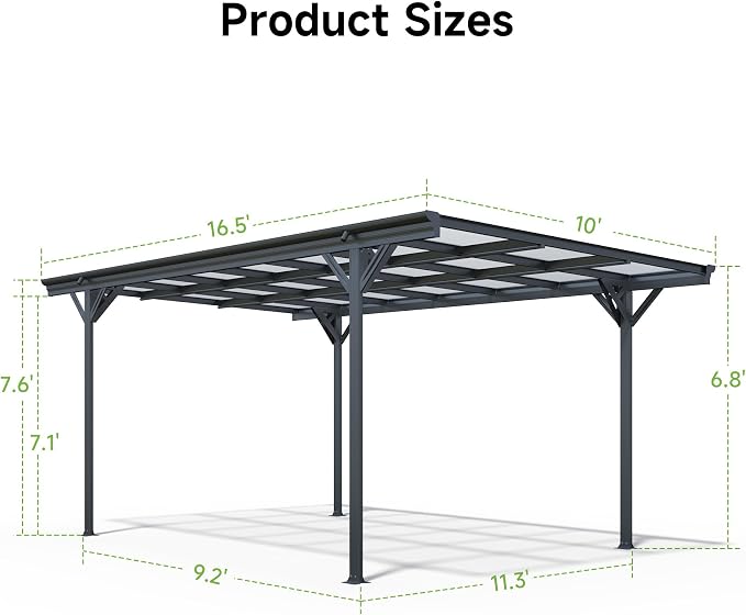 Real Relax 10×16ft Heavy Duty Carport, Pitched-Roof Polycarbonate Panel Canopy - Image 7