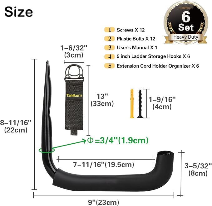 6 Set Garage Wall Mounts, 9 Large Wall J Hooks - Image 2