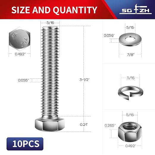 5/16-18 x 3-1/2" Hex Head Screw Bolt, Flat & Lock Washers, Fully Threaded - Image 2