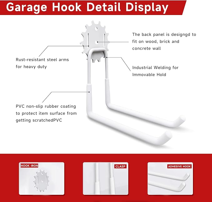 Garage Hooks White 4 Pack, 68-110LB Heavy Duty Steel Storage Utility Hooks - Image 3