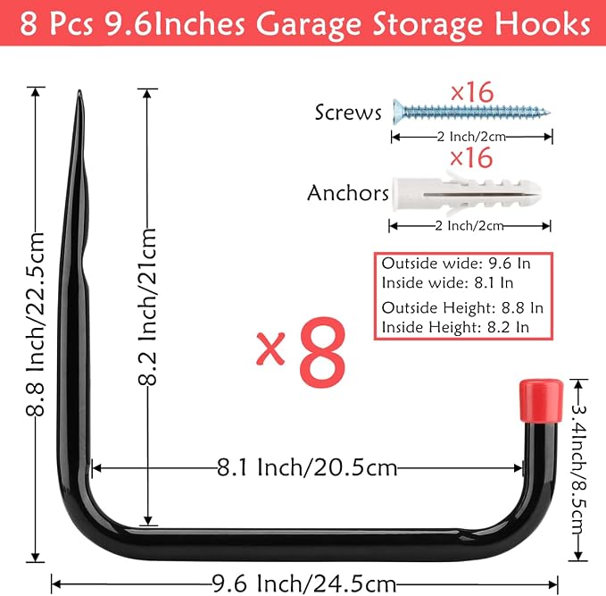8 Pack Wall Mount Storage Hooks, 9.6IN Garage Utility Hanger - Image 2