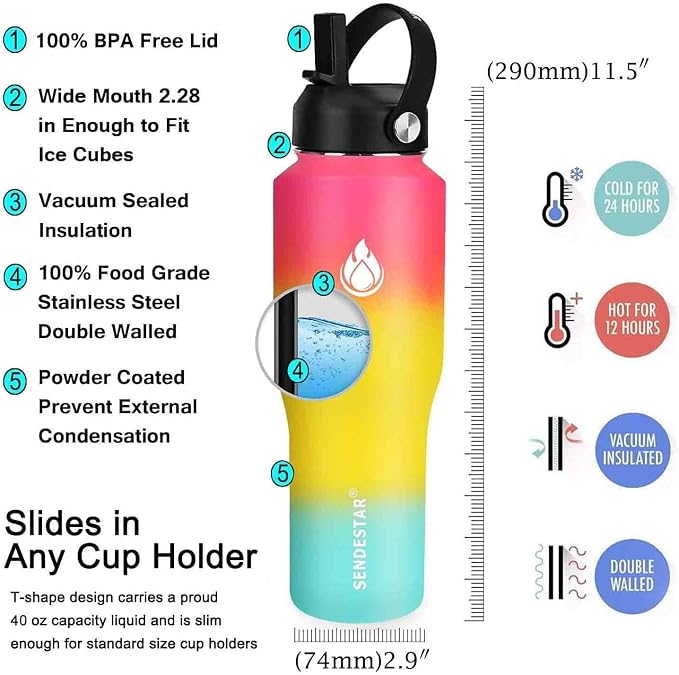 SENDESTAR 40oz Water Bottle Wide Mouth Stainless Steel Vacuum Insulated Double - Image 3