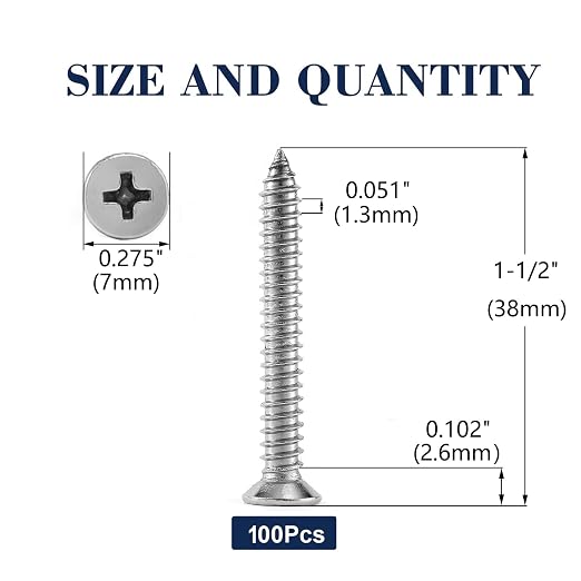 #6 x 1-1/2" Wood Screw 100Pcs 18-8 Stainless Steel Screws Flat Head Phillips - Image 2