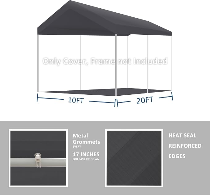 10' x 20' Upgraded Carport Replacement Canopy Cover Grey - Image 2