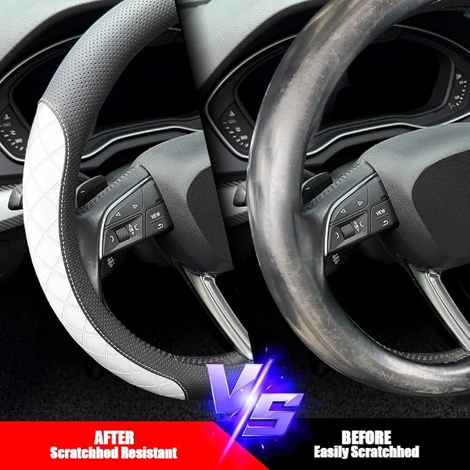 LKWLIKEI Nappa Leather Steering Wheel Cover, Elegant Diamond Checkered Design - Image 5