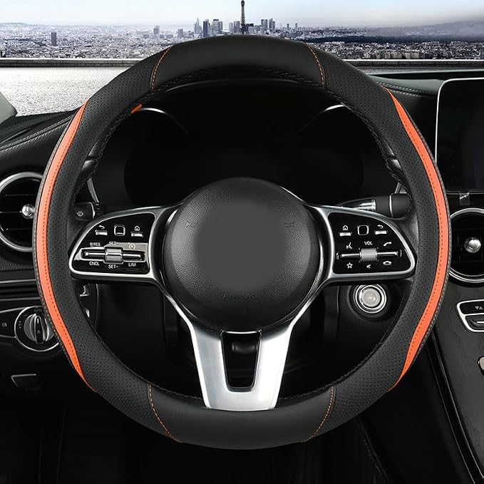 Car Steering Wheel Cover, Leather Steering Wheel Cover Orange Universal 14.5-15 - Image 3