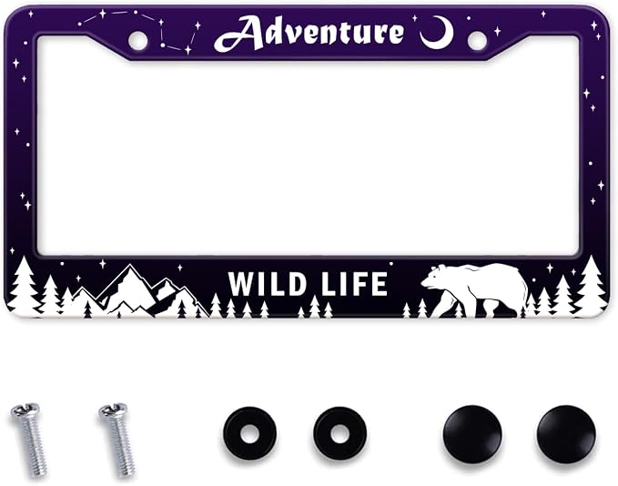 Adventure Awaist License Plate Frame, Mountains Forest Bear Tag Plate Frame by MIXWIT