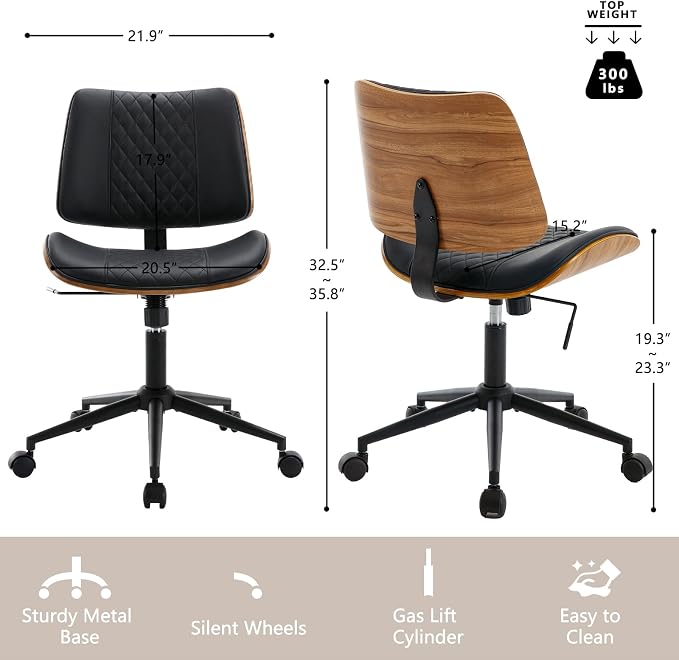 Home Office Chair No Arms with Wheels, Adjustable Height Small Desk Chair - Image 2