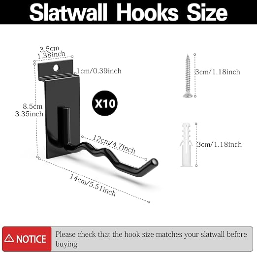 3-H Black Steel Slatwall Hooks, 10 Pack, 4.7 Inch, Heavy Duty, Wave Shape - Image 2
