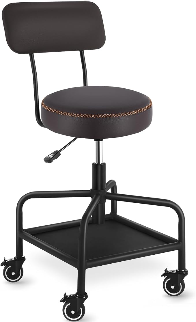 Shop Stool with Lockable Rubber Wheels Adjustable Backrest Tool Tray Storage by WUDOYO