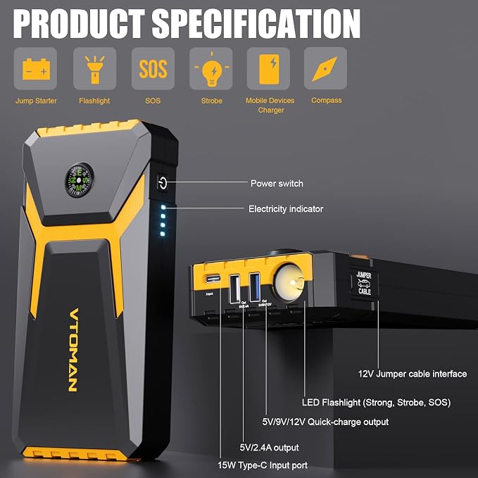 VTOMAN V6 Pro Jump Starter, 2000A Car Battery Jumper Starter Portable - Image 8