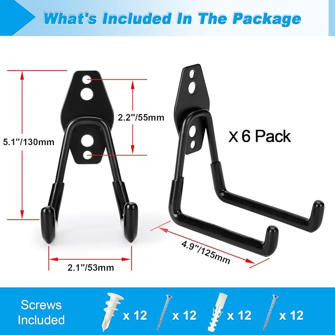 6 Pack Garage Hooks Heavy Duty, 4.9 inch Utility Steel Garage Hanger & Organizer - Image 2