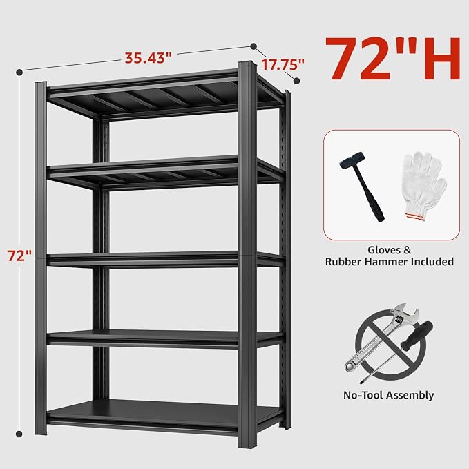 72" H Metal Garage Storage Shelves, 5 Tier Adjustable Shelving Unit - Image 3