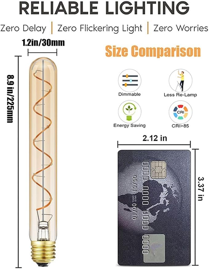 Vintage LED Spiral Filament Bulb T10, 8.9inch Long Tubular Dimmable Edison - Image 8