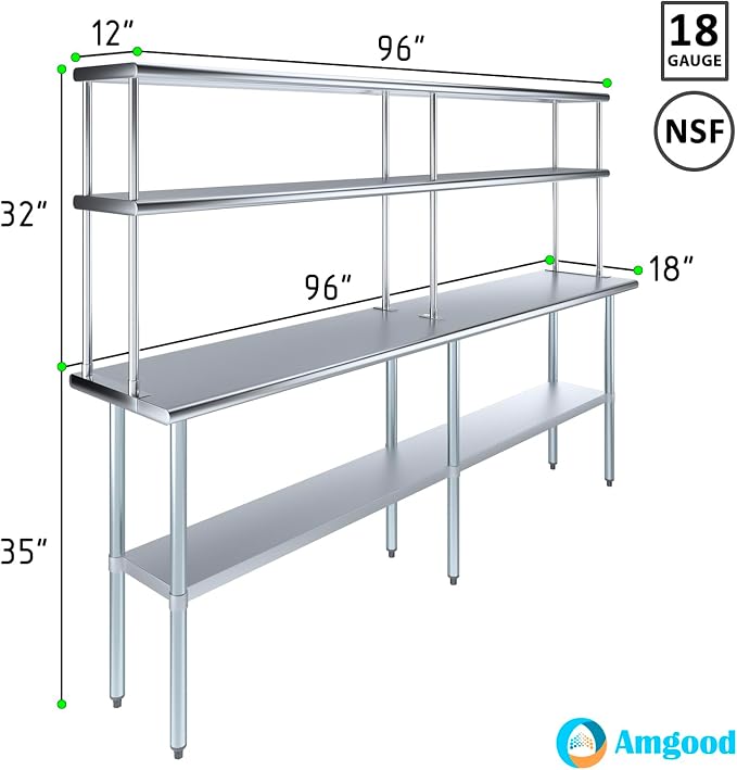 Amgood Stainless Steel Work Table Double Tier Overshelf | Metal Kitchen Prep - Image 3