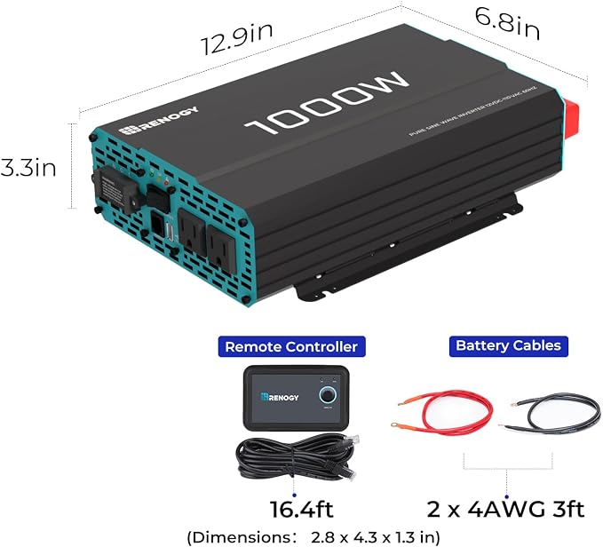 Renogy 1000W Pure Sine Wave Inverter 12V DC to 120V AC Converter - Image 9