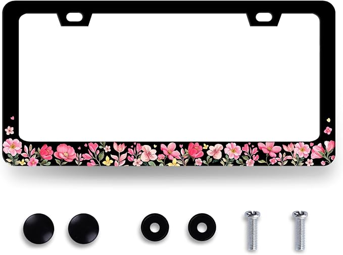 Pink Flowers License Plate Frame Colorful Floral Flower License Plate Stainless by MUAWUOIK