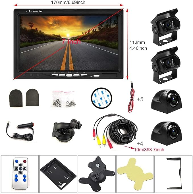 Backup Camera Kit 7 inch 4-Spilt Monitor Rear View Cameras - Image 7