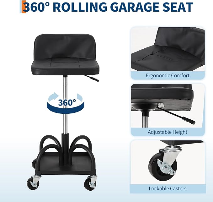 Garage Stool, 19”-25” Adjustable Rolling Mechanic Stool - Image 5
