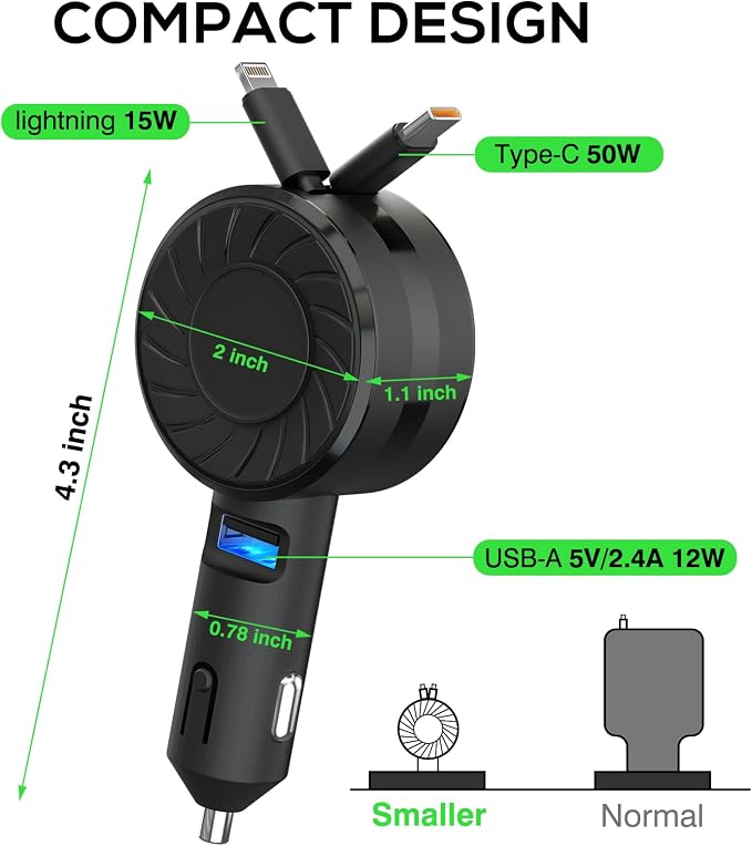 Retractable Car Charger, 3 in 1 Fast Charging Phone Charge 50W, Mini Car Adapter - Image 5