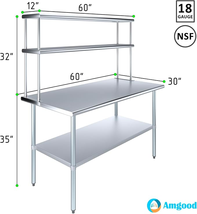 Amgood Stainless Steel Work Table Double Tier Overshelf | Metal Kitchen Prep - Image 3