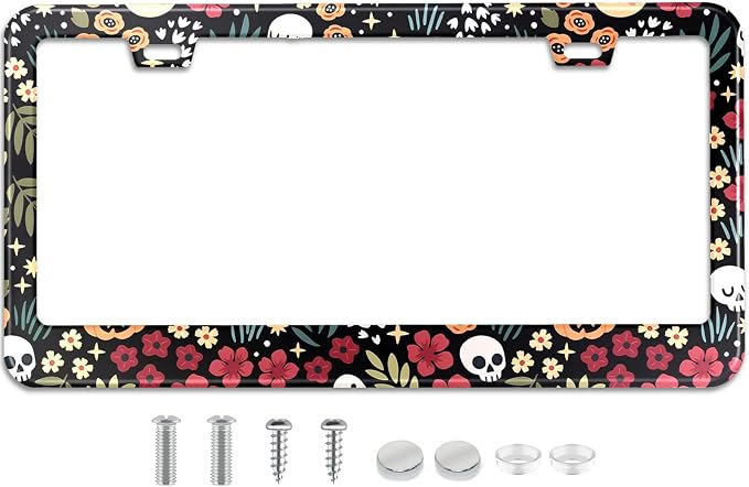Halloween Ghost Skull Floral License Plate Frame Colorful Flowers Stainless by TXWWXT