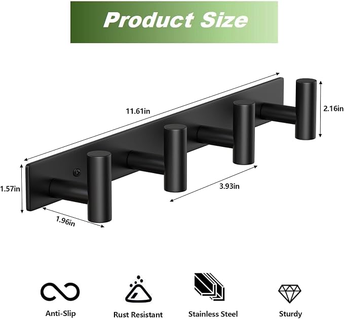 Coat Rack Wall Mounted with 4 Hooks, Wall Hooks - Image 2