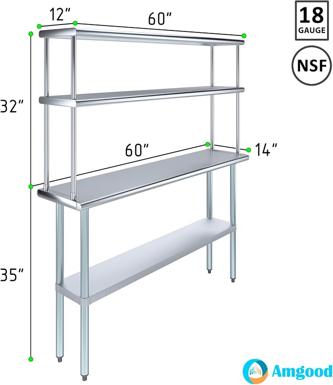 Amgood Stainless Steel Work Table Wide Double Tier Overshelf | NSF | Metal - Image 3