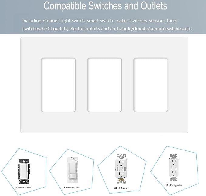3-Gang Screwless Decorator Wall Plate Cover Switch Outlet Electrical Faceplate - Image 3