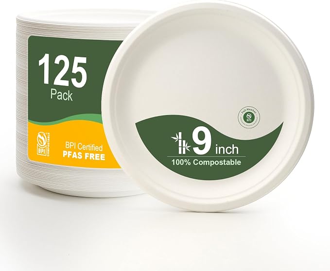 WELLIFE 100% Compostable Paper Plates 9 Inch, Biodegradable Bagasse, by WELLIFE
