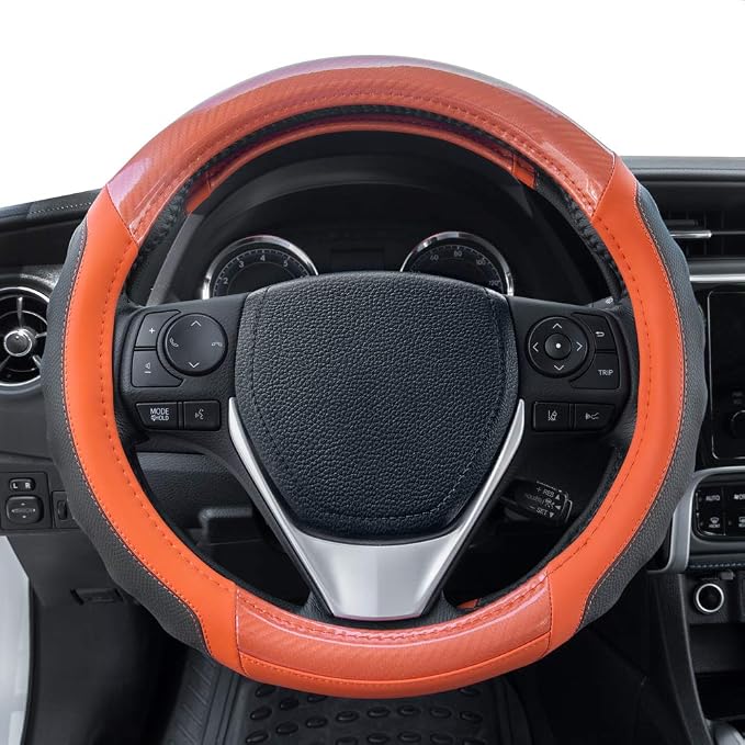 Motor Trend SW-812 Orange Ultra Sport Pebbled Leather Steering Wheel Cover - Image 4