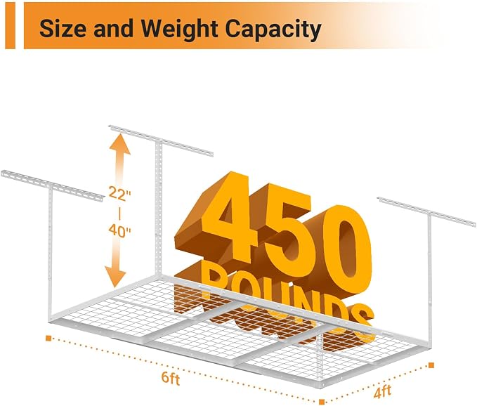 4x6ft Overhead Garage Storage Rack, Heavy Duty Metal Ceiling Shelf, 450lbs - Image 2