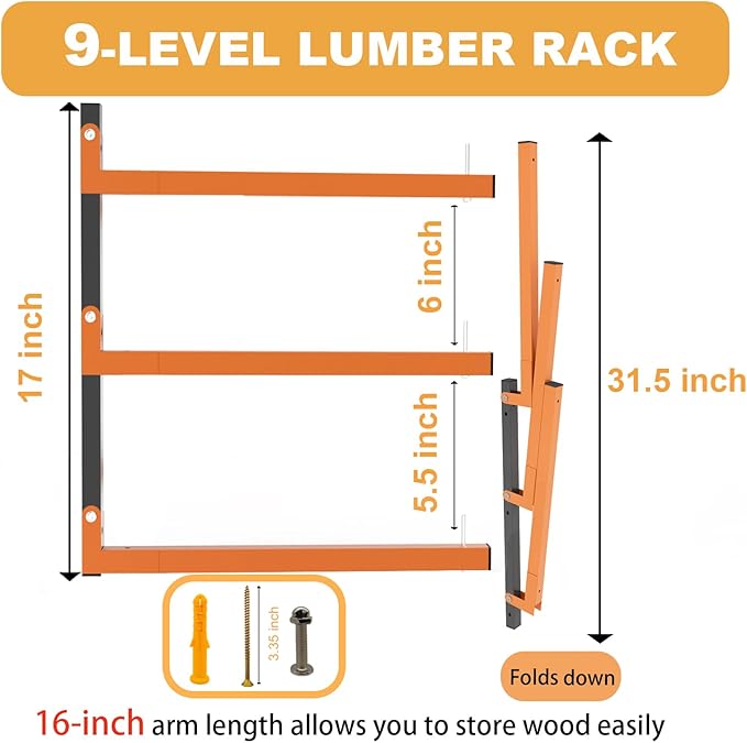 Lumber Rack Wall Mount, Heavy Duty Wood Storage Racks, 9-Level System Garage - Image 2
