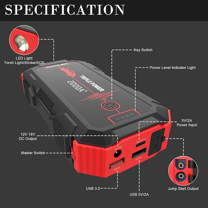 Car Jump Starter 2000A Peak 12V Car Battery Booster Pack, Portable Battery - Image 3