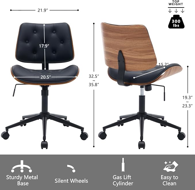 Armless Home Office Chair with Wheels, PU Leather Adjustable Height Computer - Image 2