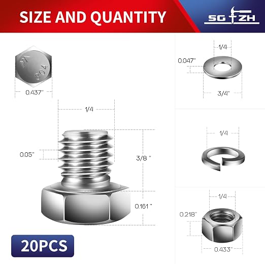 1/4-20 x 3/8" Hex Head Screw Bolt, Flat & Lock Washers, Fully Threaded - Image 2
