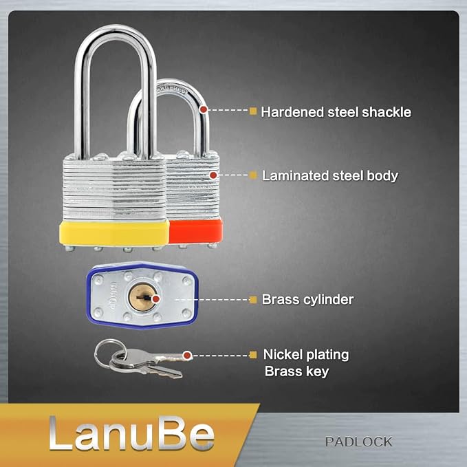 Lanube Lock 12-Pack Laminated Keyed Padlock Set 3 Colors, 2 Short 2 Long - Image 5