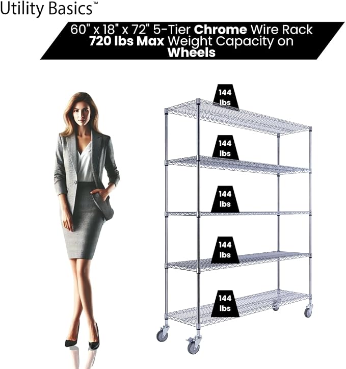 60"x18"x72" Chrome 5-Tier PREMIUM Wire Shelving NSF 4000 LBS MAX CAPACITY Heavy - Image 4
