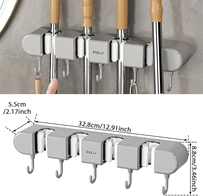 2Pcs Broom Mop Holder with Hooks Wall Mounted Broom Storage Rack No Drilling - Image 8