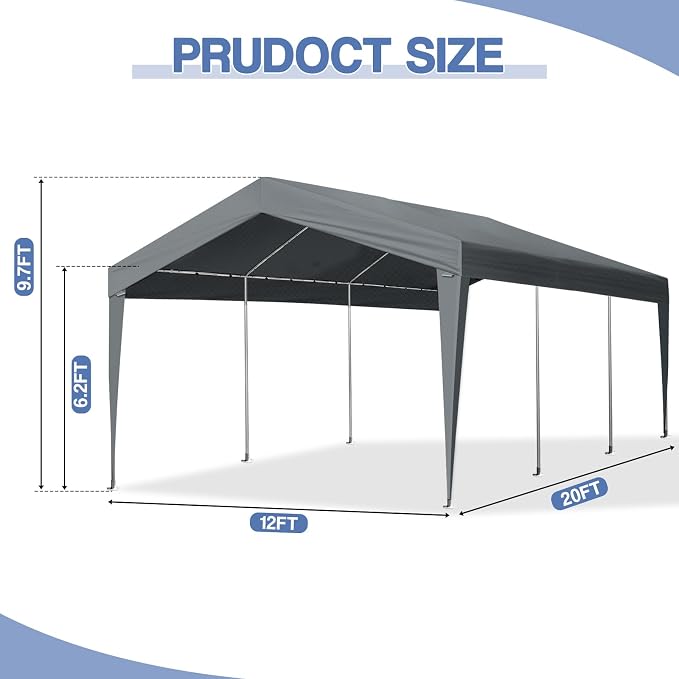 VINGLI 12x20 Carport Canopy Portable Garage, Car Canopy Heavy Duty Car Tent - Image 3