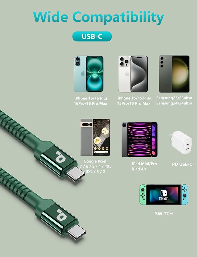 USB C Cable Fast Charging 10FT, iPhone 16 15 Charger Long Type C Nylon Braided - Image 6
