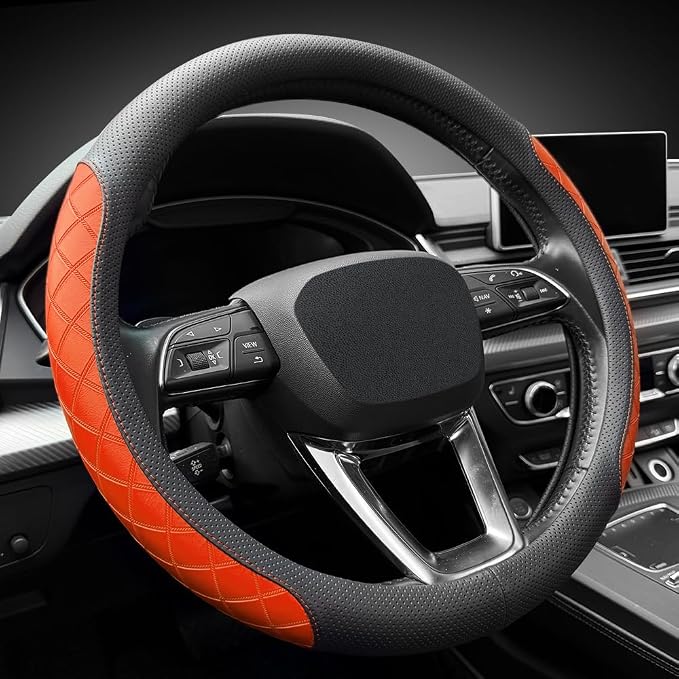 LKWLIKEI Nappa Leather Steering Wheel Cover, Diamond Checkered Design, Non-Slip - Image 2