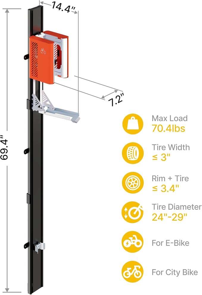 monTEK Automatic Lift EBike Rack – Fits 24-29" Tires, Heavy-Duty Vertical Wall - Image 8