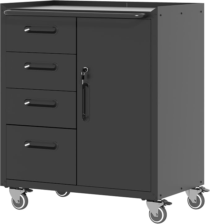 Metal Storage Cabinet with Wheels, Garage Cabinet with 1 Door and 4 Drawers by BIZOEIRON