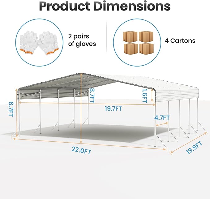 20x20ft Heavy Duty Metal Carport – Outdoor Galvanized Garage, Sturdy Structure - Image 8