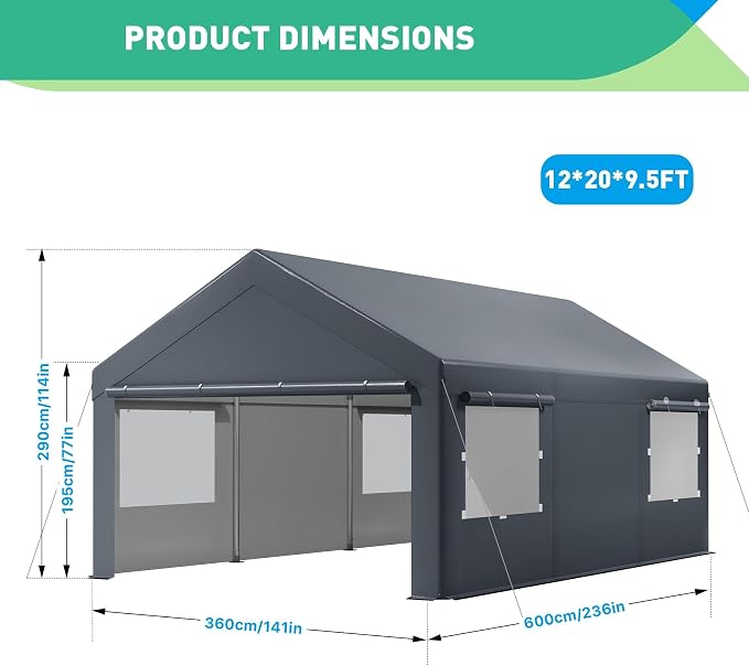 12X20 Ft Heavy Duty Carport Canopy, Portable Garage, Car Tents, Reinforced - Image 2