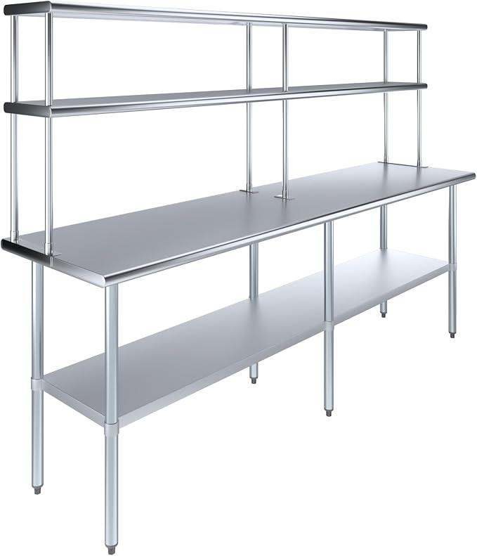 Amgood Stainless Steel Work Table Double Tier Overshelf | Metal Kitchen Prep by AmGood