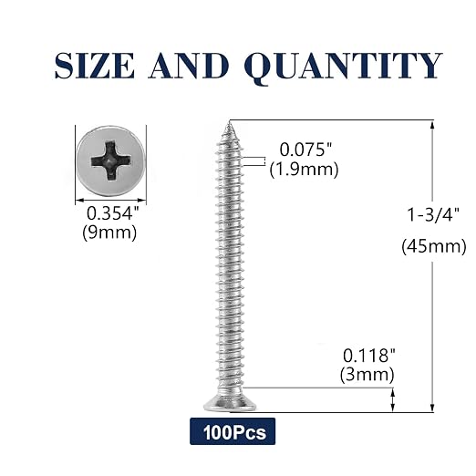 #10 x 1-3/4" Wood Screw 100Pcs 18-8 Stainless Steel Screws Flat Head Phillips - Image 2