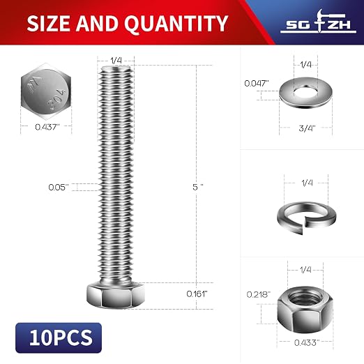 1/4-20 x 5" Hex Head Screw Bolt, Flat & Lock Washers, Fully Threaded, by SG TZH - Image 2